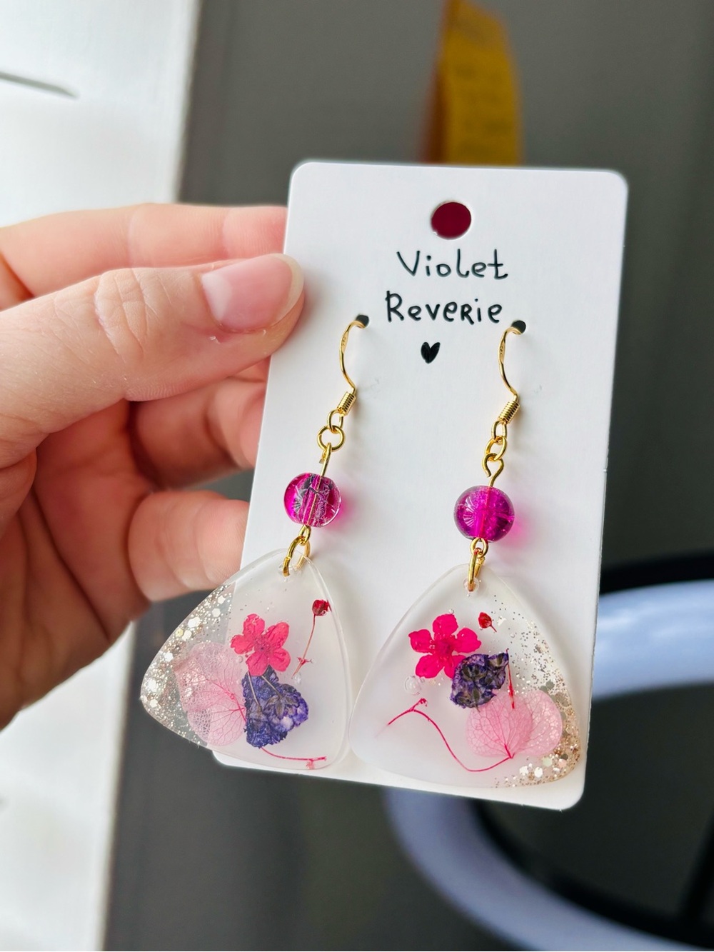 Violet Reverie Resin Earrings Handmade Real Pressed Flowers Pink Purple Gold